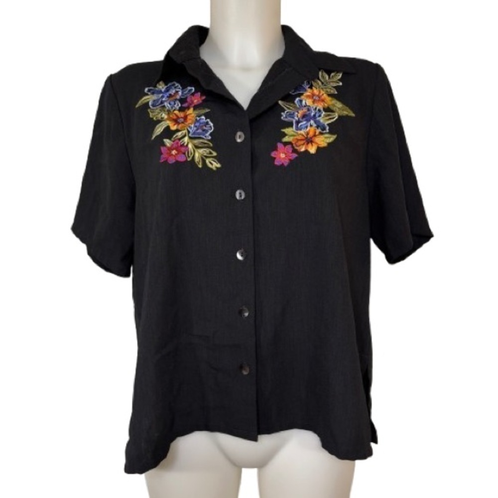 BonWorth Vintage Floral Embroidered Black Short Sleeve Top Size M Petite